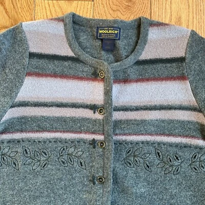 Cárdigan suéter de lana Woolrich S de colección para mujer verde tostado botón hojas delanteras recortes Foto 1 de 4