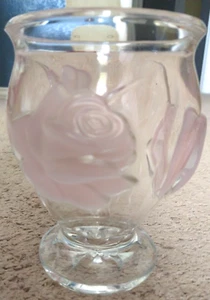 Glass Vase Raised Puff Frosted Pink Roses Lead Crystal Made in France - Picture 1 of 5