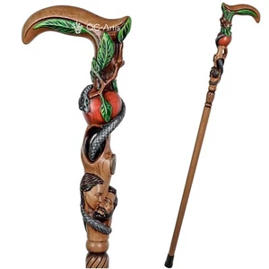 Adam Eve Handpainted Walking stick cane Aple & Snake Wooden Hole Bible Christian - Picture 1 of 10