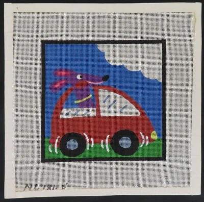 HP Needlepoint Canvas Purple Dog in Car Cartoon Beginner  NC181-V  7 3/8" sq - Image 1 of 4