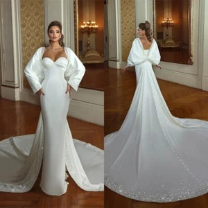 Elegant Wedding Dresses Long Sleeve Strapless Luxury Beaded Mermaid Sweep Train - Picture 1 of 12