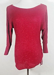 Express Juniors XS Top Red Metallic Sheer Tunic 3 4th Sleeve Side Tie Shirt - Picture 1 of 5