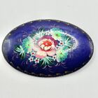 Vintage Russian Hand Painted Flowers Wooden Brooch Pin Signed