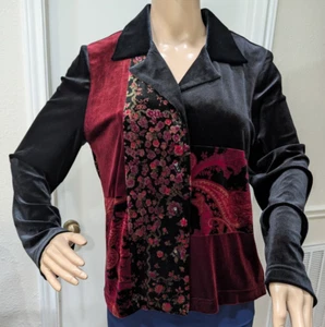 Vtg K STUDIO Sz 8 Velvet Color Block Paisley Floral Button Black Maroon Jacket  - Picture 1 of 10