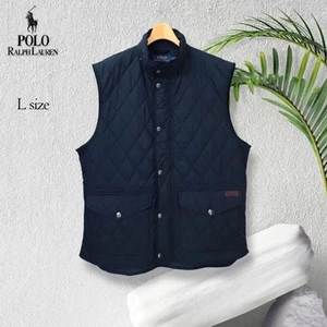 Ralph Lauren Quilted Puffer Vest Navy L Leather Piping Used - Picture 1 of 12