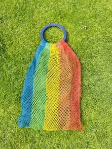 Vintage 70s Netted Rainbow Shopping Bag With Purple Plastic Handle - Picture 1 of 1