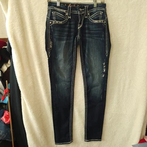 Rock Revival Women's Jeans May Skinny Embellished Thick Stitch Distressed Sz 26 - Picture 1 of 18