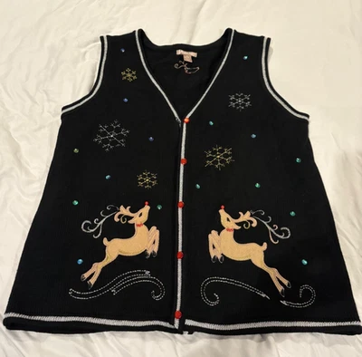 Chaleco Suéter Navidad Negro Ciervo Blanco Usado Para Mujer, Reno y Copo de Nieve  Foto 1 de 4