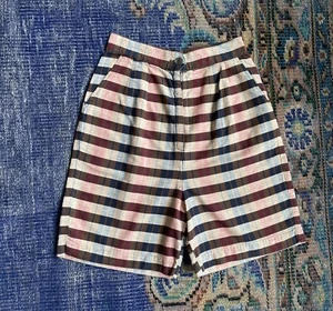 Vintage XS 50s Plaid Shorts High Waist Long Bermuda blue red pinkCotton 24 EUC - Picture 1 of 8