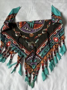 Vintage Handmade Cowgirl Beaded Bandana Southwest print Fringed Scarf Native - Picture 1 of 10