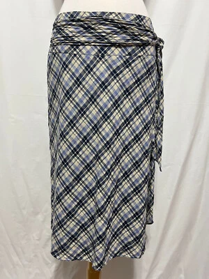 Falda August Silk Options línea A marfil azul marino y periwinkle a cuadros con corbata en la cintura talla 14 Foto 1 de 4