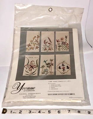 Guest Towel Yvonne of California Floral Butterfly Crewel Embroidery Kit 70s NEW - Image 1 of 4