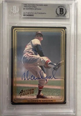 Warren Spahn Signed 1992 Action Packed Prototype #4 Beckett Slabbed Auto HOF - Image 1 of 3