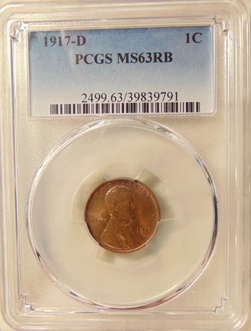 1917-D Lincoln Cent - Choice PCGS MS63 RB - Very Pretty BU Coin - FREE SHIPPING Cover
