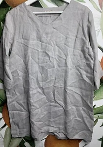 Alessia Pacini Made in Italy Large Gray V Neck 3/4 Sleeves Tunic Blouse Linen - Picture 1 of 7