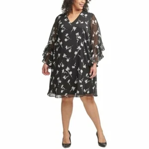 Calvin Klein Women Black & White Flower Chiffon Knee Length Shift Dress Size 16W - Picture 1 of 3