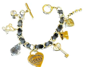 Guess Gold Tone Chain Black Ribbon Charm Bracelet W/ Key, Heart, Initial G ++ - Picture 1 of 4