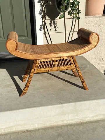 Chinoiserie Egyptain Revival Style Scroll Bamboo/Rattan Bench Cover