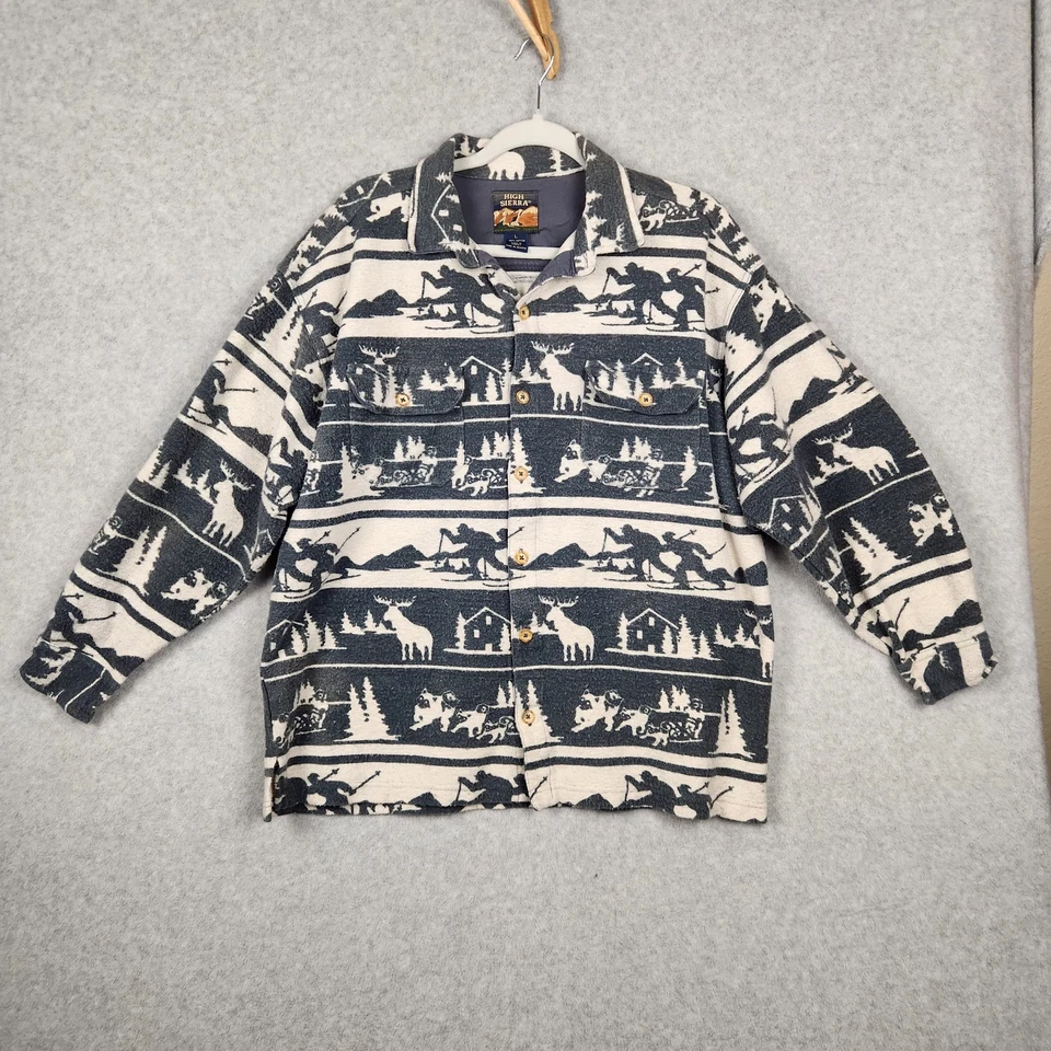 High Sierra Shirt Mens Large Blue White Moose Cabin Western Button Up Outdoors - Imagem 1 de 4