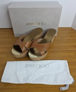 JIMMY CHOO Prima Classic Tan Gold Logo Cork Platforms Slides Size 9 in Box - Picture 1 of 20