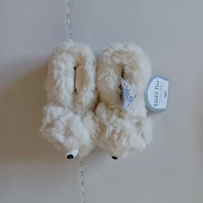 Pottery Barn 儿童北极熊人造毛皮拖鞋象牙色 6-9 全新带标签缺陷套装 2 — 第 1/4 张图片