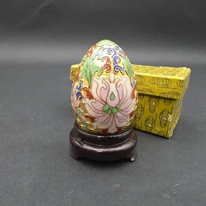 VTG Miniature Cloisonne Enamel Floral Gold Egg with Dark Tone Wood Stand EUC - Picture 1 of 8