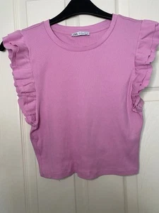Zara Ladies Pink Frilled Sleeve Ribbed Top Cropped Size L - Picture 1 of 3