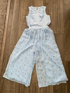 Janie and Jack Blue Ruffled Top w/ Blue Floral Gauze Pants and Hair Bow: Size 10 - Picture 1 of 9