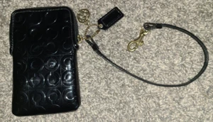 Coach Gloss Schwarz Lackleder Münzbörse mit Handgelenk, Charm Signature C's *C2* - Bild 1 von 8