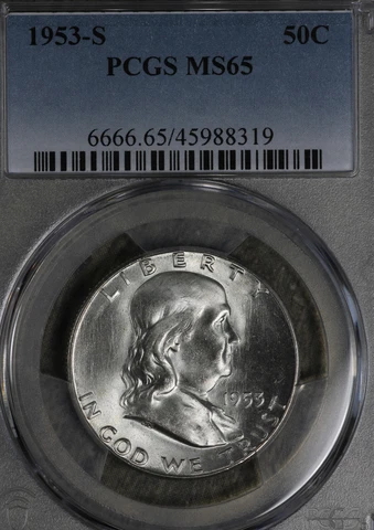 Beautiful GEM Uncirculated 1953-S Franklin Half Dollar -PCGS MS65! Cover