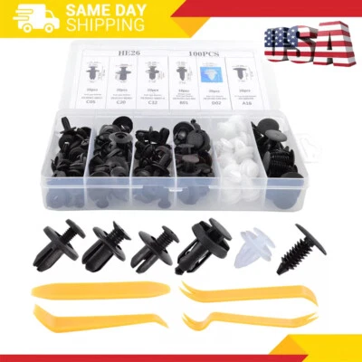 100pcs+4Tool Bumper Clips Auto Car Hole Plastic Rivets Fastener Fender Push Pin - Image 1 of 4