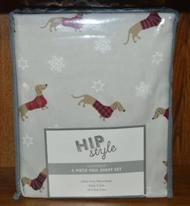 HIP STYLE 4 Pc Microfiber Full Size Sheet Set Dachshunds Wieners Dog & Snow NEW - Picture 1 of 5