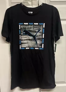 Puma T-Shirt Boys Youth XL Short Sleeve Graphic Logo Crew Neck Black White - Picture 1 of 8