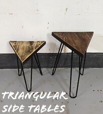Triangular Rustic Plant Stand/ Side Table, supported by Steel Hairpin Legs
