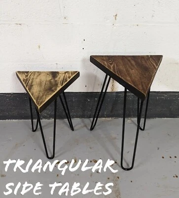 Triangular Rustic Plant Stand/ Side Table, supported by Steel Hairpin Legs - Image 1 of 4