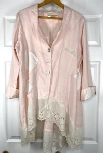 Blusa túnica L de encaje con botones de lino rosa ojales encaje Lagenlook de encaje PAPER LAGENLOOK - Imagen 1 de 16