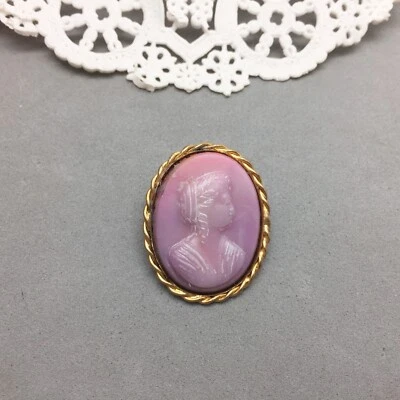 Antique Cameo Brooch Pin Lavender Pink Glass Gold Tone "C" Closure 1 1/8" Oval - Image 1 of 4