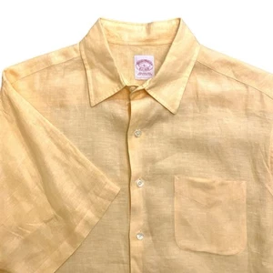 Brooks Brothers Irish Linen Men’s Large Yellow Button Down Shirt Short Sleeve - Picture 1 of 7
