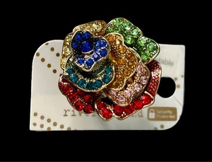 River Island Colourful Rhinestone Flower Ring Size M Adjustable - Picture 1 of 5