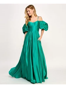 CITY STUDIO Womens Green Satin Soft Cup Poof Sleeve Pleat Dress Juniors 7\8 - Picture 1 of 11