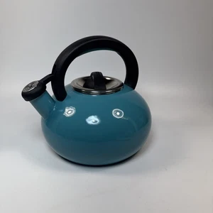 Circulon 2 Qt Turquoise Enamel On Steel Whistling Tea Kettle W/Flip Up Spout - Picture 1 of 16