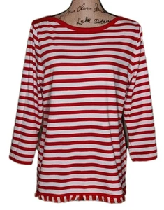 Talbots - 100% Pima Cotton Red & White Stripe Fringe Hem Pullover - Women's L - Picture 1 of 4