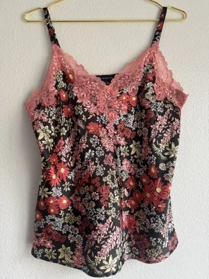Jones New York Babydoll Floral Slip Cami Top Romantic Pink Lace Satin Camisole L - Image 1 of 4