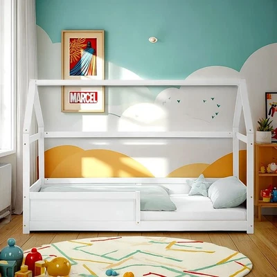 Kinderbett 90x200 mit Matratze Mädchen Junge Rausfallschutz Hausbett Homestyle4u - Bild 1 von 4