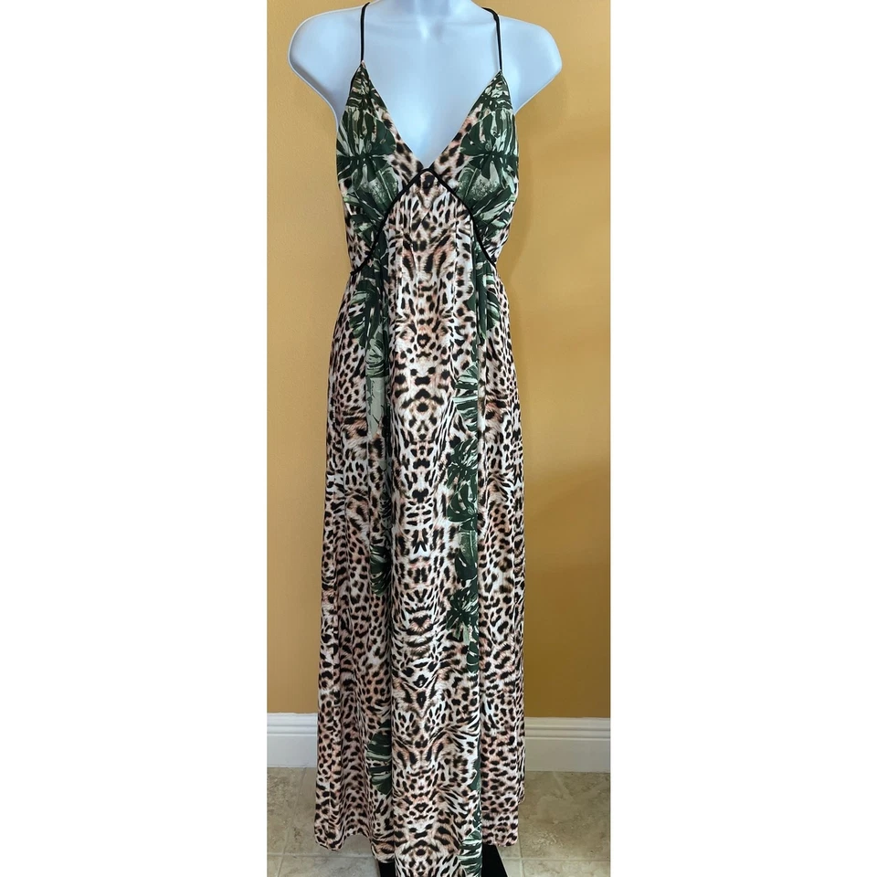 Vestido maxi Guess Paula animal estampa de palma pequeno aberto nas costas   - Imagem 1 de 4