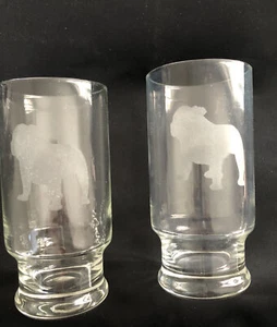 Lot of 2 Clear Glass Etched French Bulldog Pedestal Drinking Glasses - Picture 1 of 1