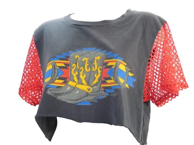 Crop Top T Shirt Tee Cowboy Y2K Mesh Sleeve Retro Summer Furst Of A King Size L - Image 1 of 4
