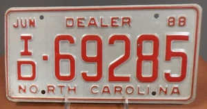 Vintage 1988 NORTH CAROLINA, NC, Dealer License Plate ID-69285, White, Red - Picture 1 of 3