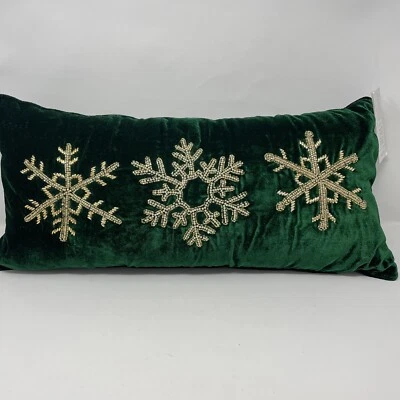 34th & Pine Decorative Velvet Dark Emerald Gold Snowflake Beaded Pillow 11x23 - Image 1 of 4
