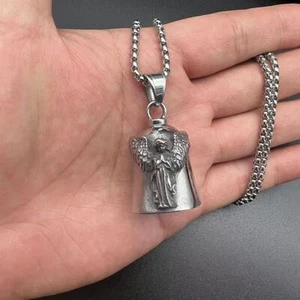 Praying Guardian Angel Bell Necklace Stainless Steel Men Motorcycle Biker - Picture 1 of 10